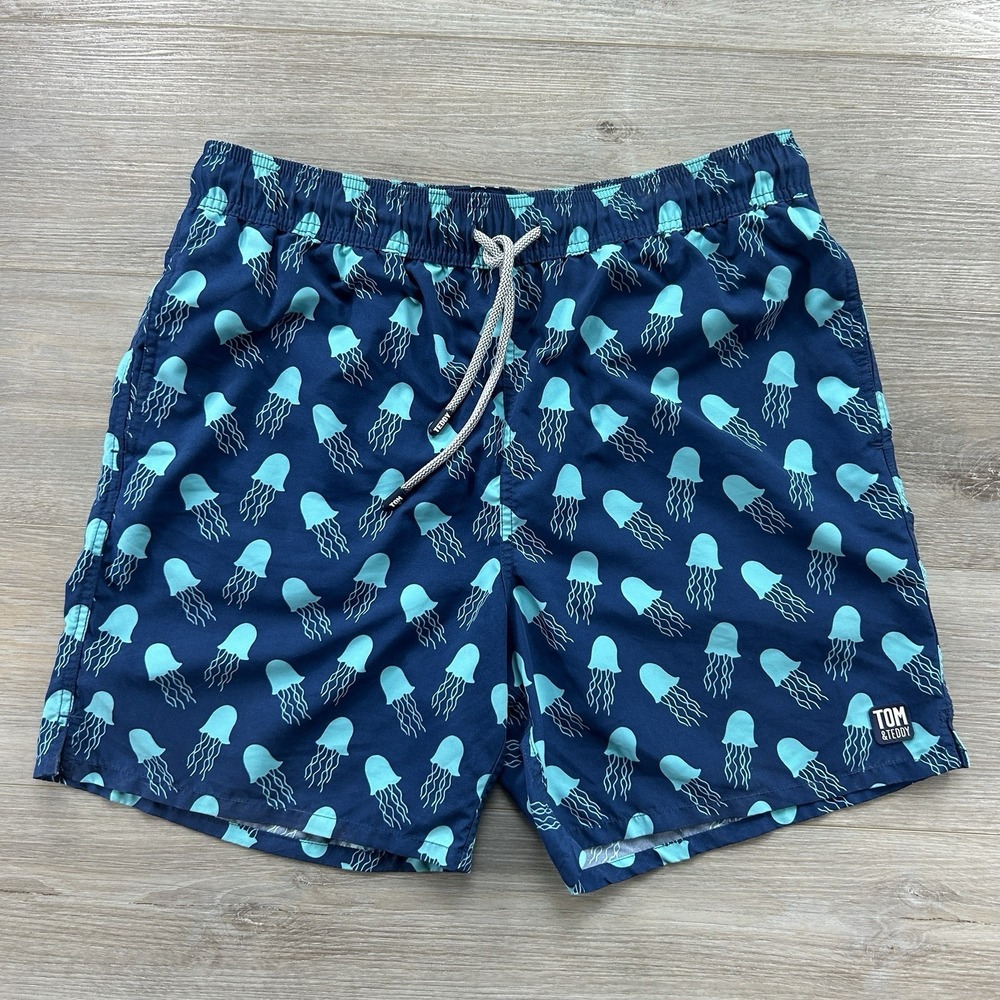 Tom & Teddy Mens Large Lined Swim Trunks Navy Blue Jellyfish Print Beach Pool
